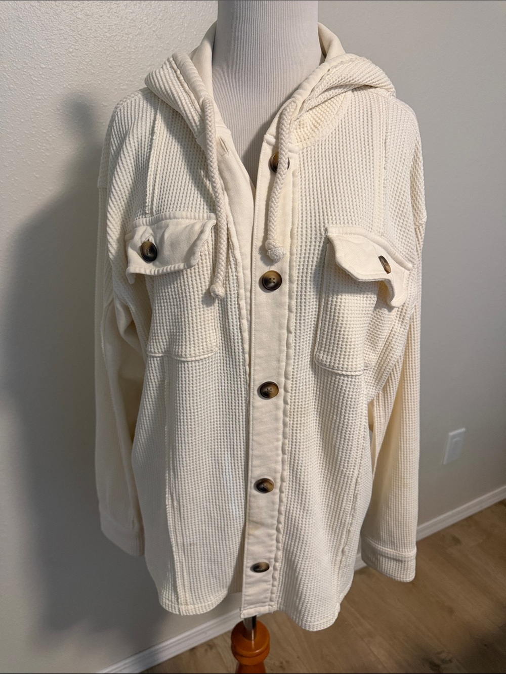 American Eagle Outfitters Cream Hooded Waffle-Knit Utility Jacket
